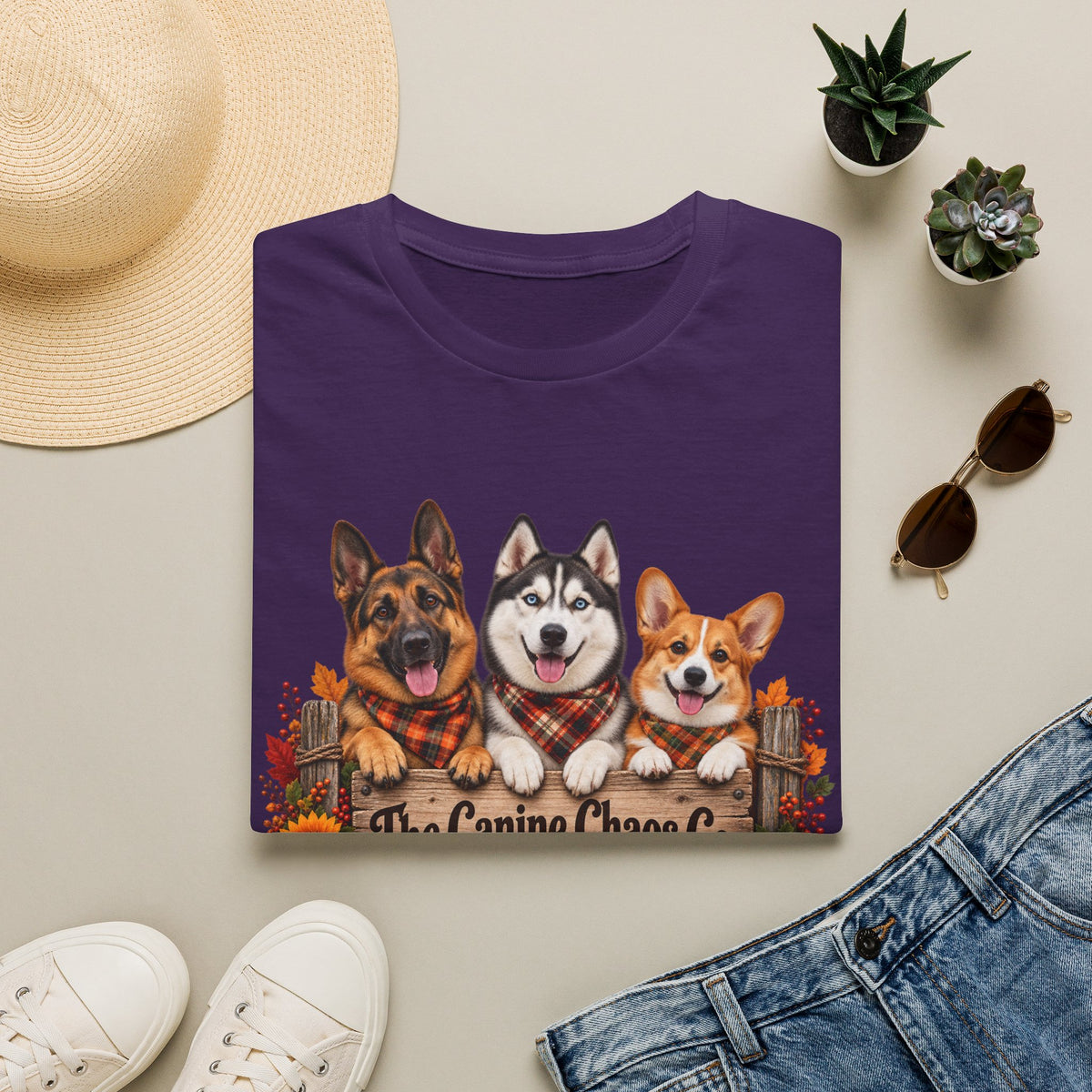 Three Dogs Fall Plaid Design T-Shirt | German Shepherd Husky Corgi
