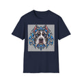 Pitbull Tribal Portrait T-Shirt — Blue Geometric Dog Face Tee