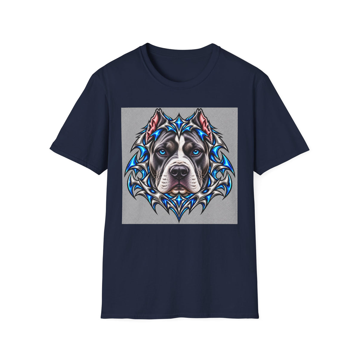 Pitbull Tribal Portrait T-Shirt — Blue Geometric Dog Face Tee