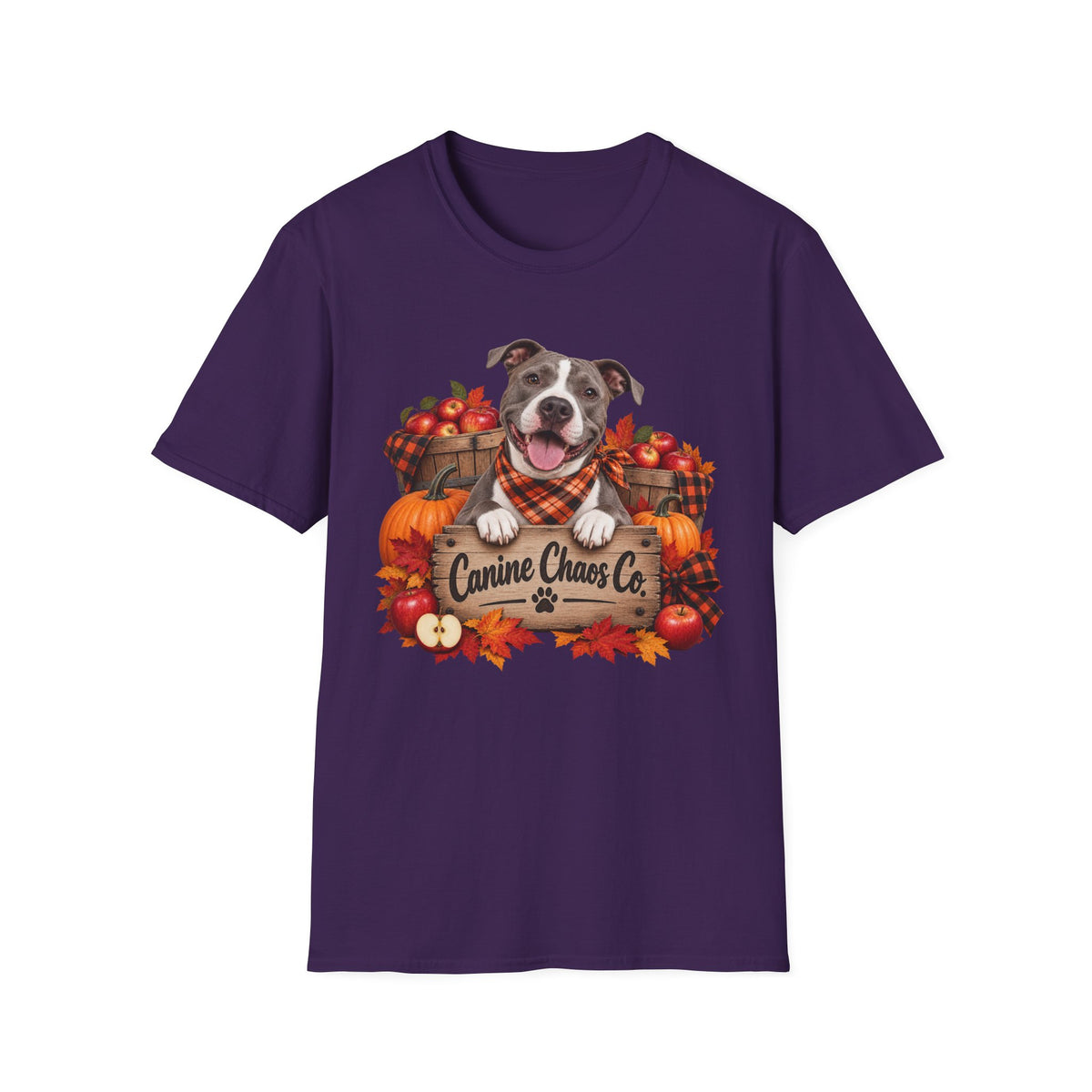 Fall Dog T-Shirt — 'Canine Chaos Co.' Autumn Pumpkin & Leaves Tee