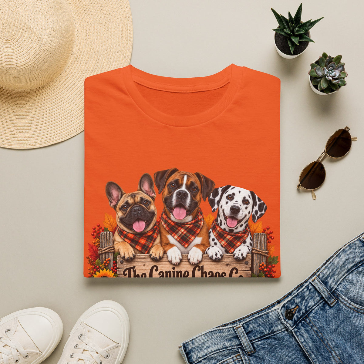 Fall Trio Dogs T-Shirt | Cute French Bulldog Boxer Dalmatian with Pumpkins
