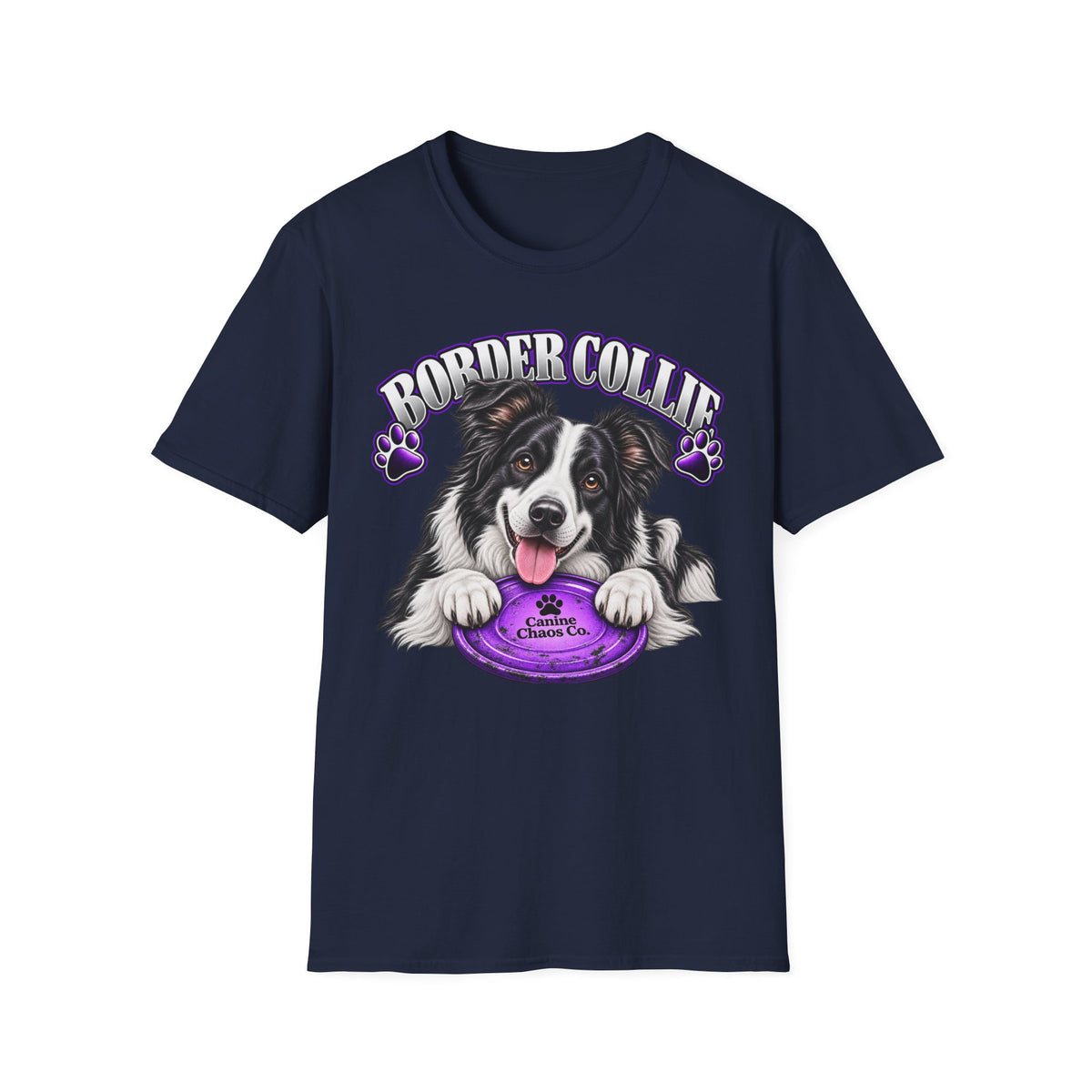 Border Collie T-Shirt — Cute Border Collie Holding Purple Frisbee Graphic Shirt
