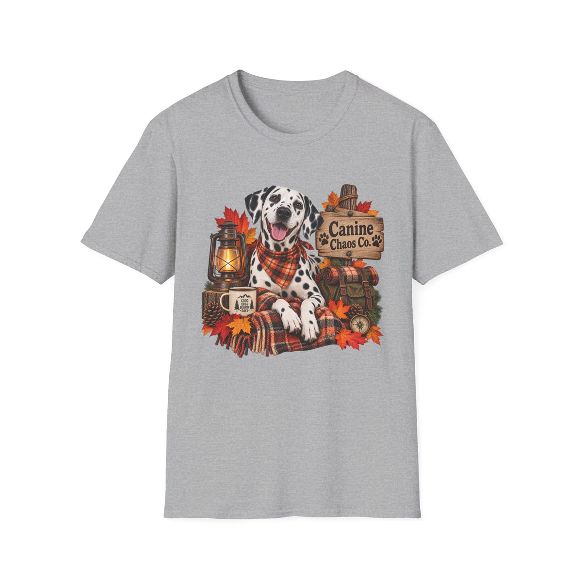 Dalmatian Autumn T-Shirt — "Canine Chaos Co." Fall Dog Tee