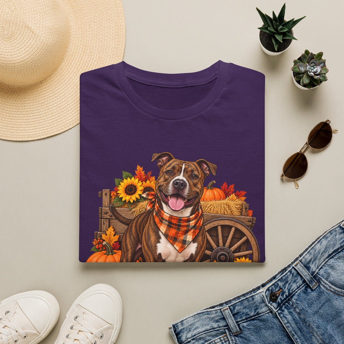 Fall Dog T‑Shirt — Brown Pitbull with Pumpkins & Sunflowers Autumn Tee