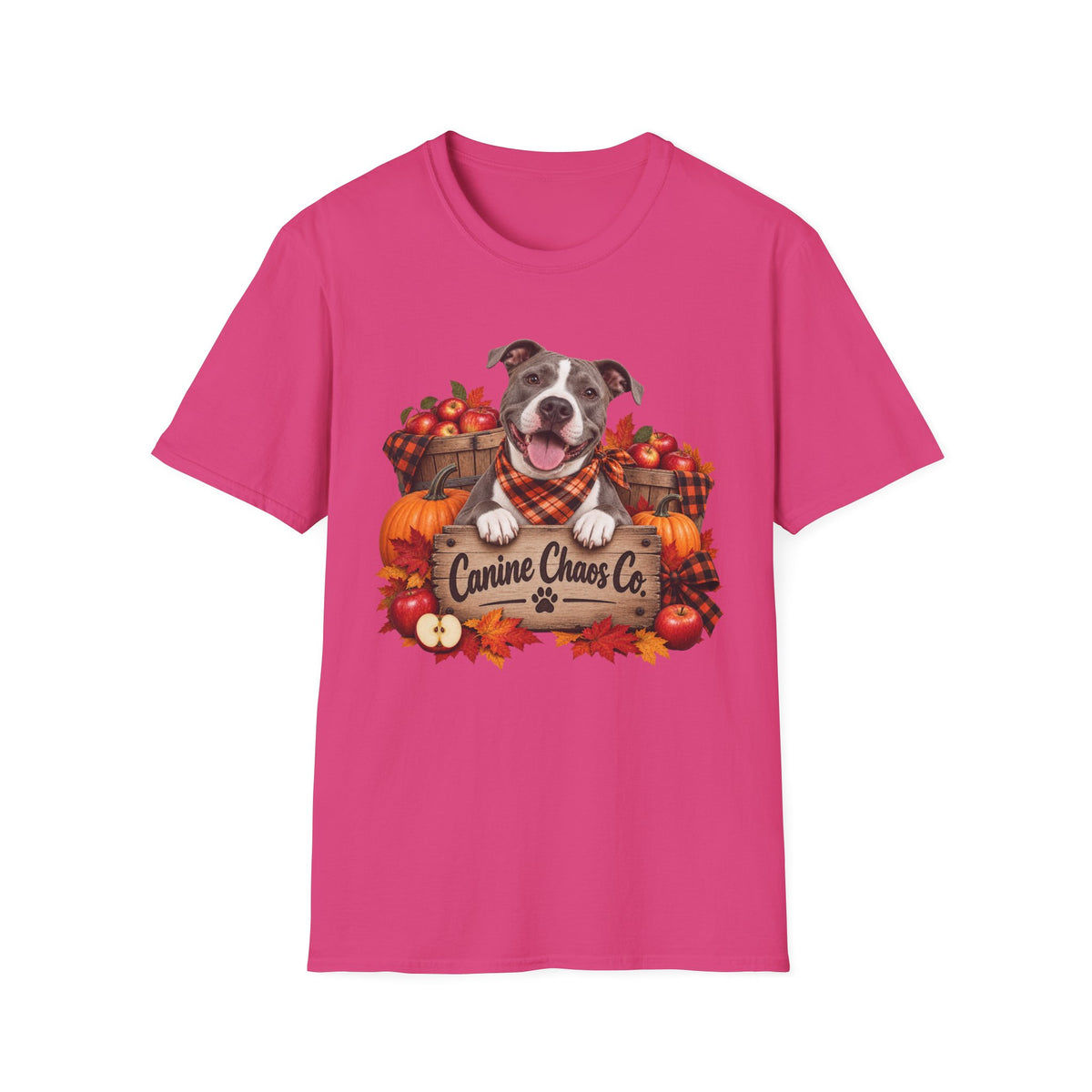 Fall Dog T-Shirt — 'Canine Chaos Co.' Autumn Pumpkin & Leaves Tee