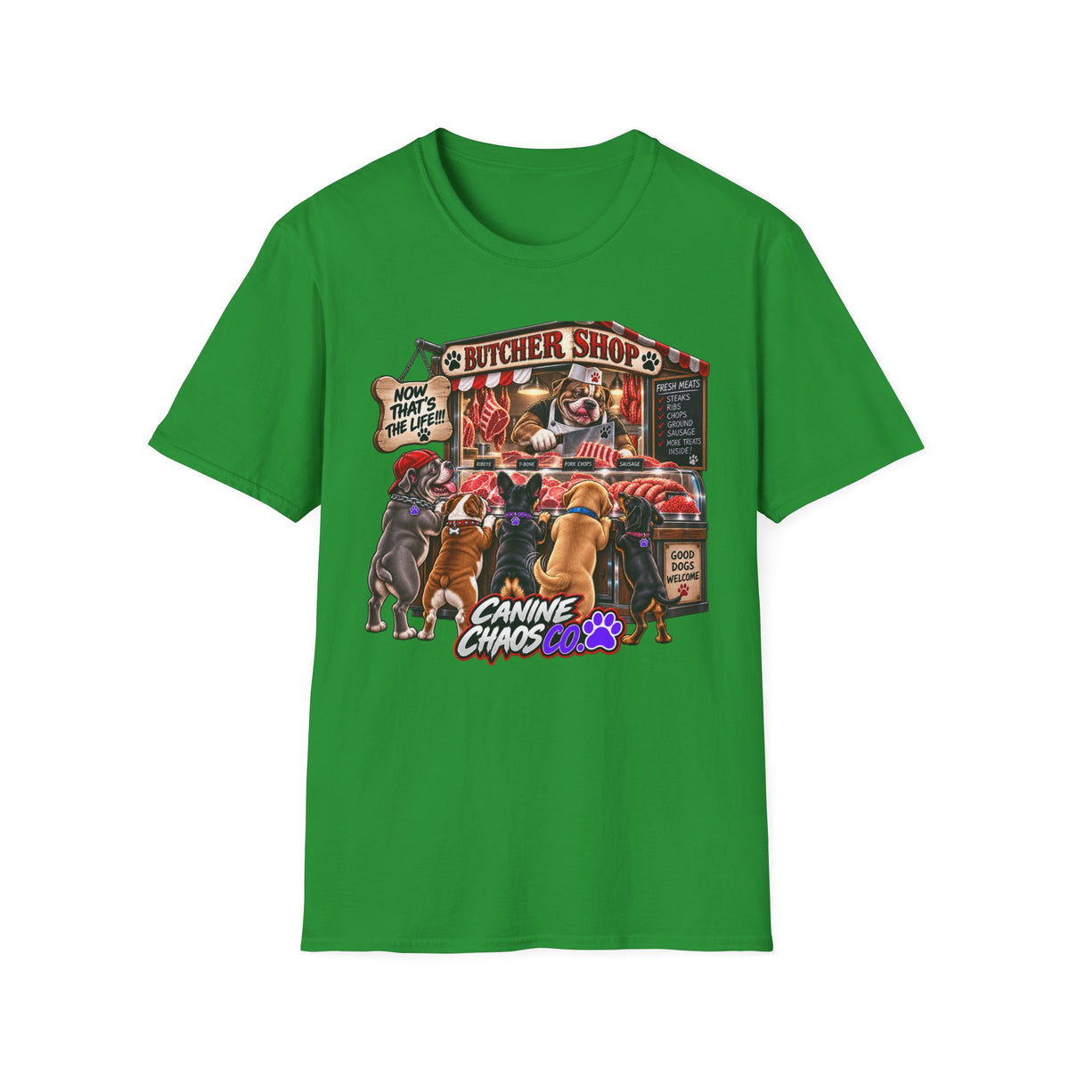 Canine Chaos Butcher Shop T-Shirt — Funny Dog Lover Graphic Tee