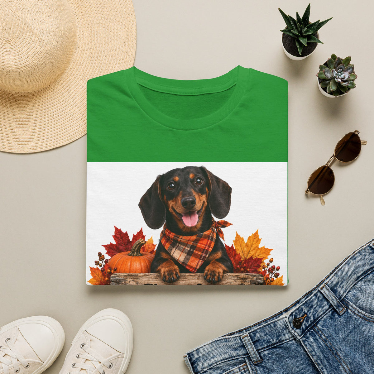 Dachshund Fall Tee — "Canine Chaos Co." Plaid Scarf Autumn Dog T-Shirt