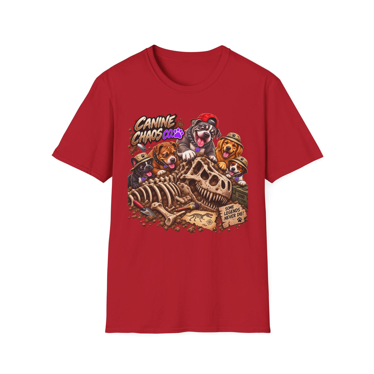 Canine Chaos Crew T-Shirt — Cute Dogs Digging Dinosaur Bones Graphic Tee