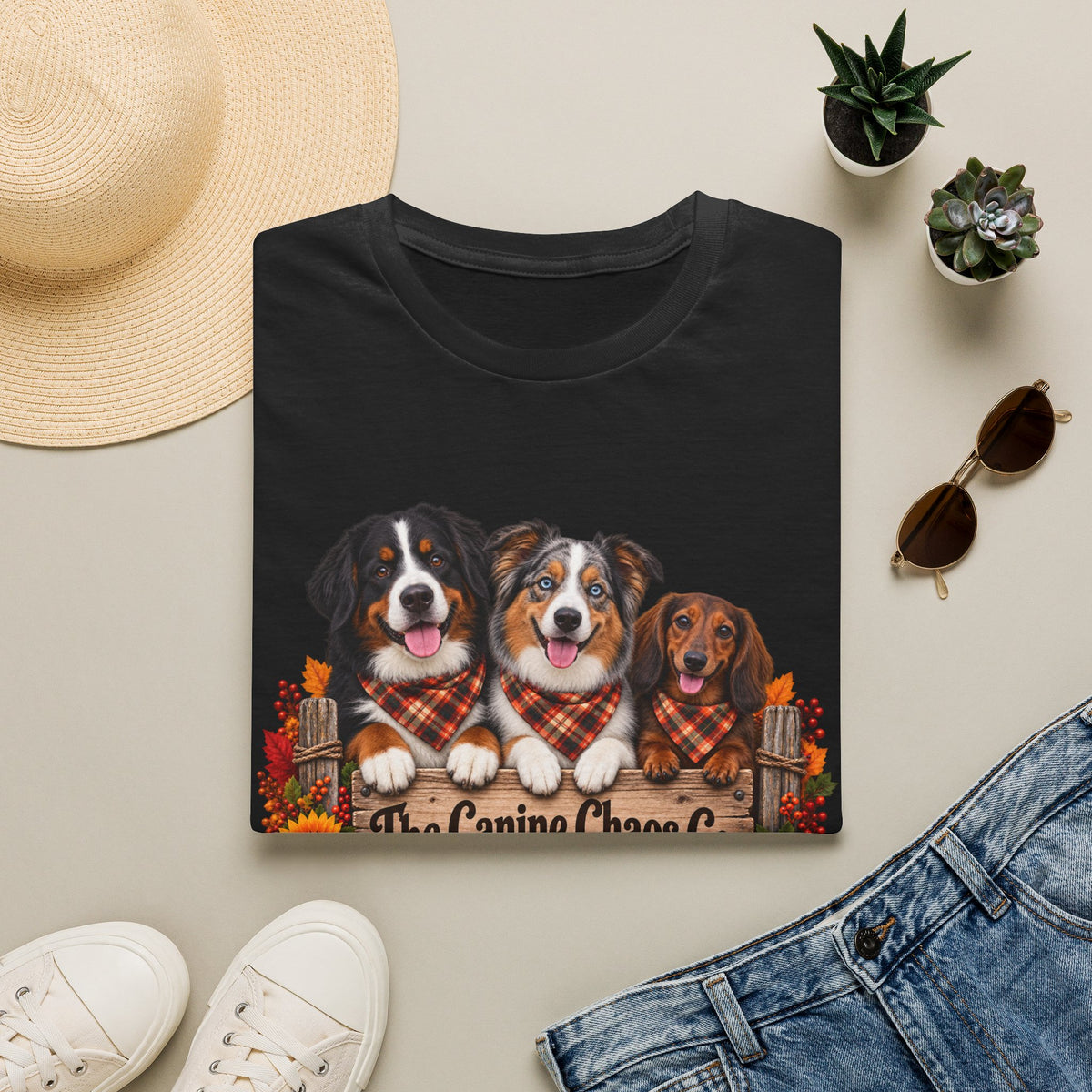Three Dogs in Plaid Scarf Fall Leaves T-Shirt | Autumn Dog Trio
