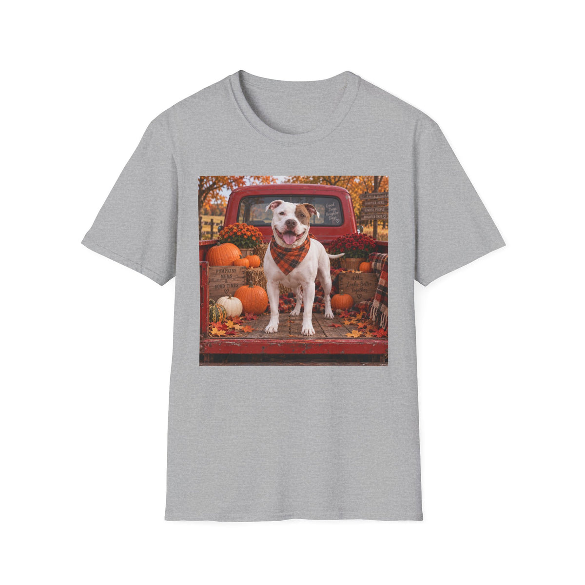 Dog & Pumpkins Fall T-Shirt — Cute Pitbull in Pickup Truck Autumn Tee