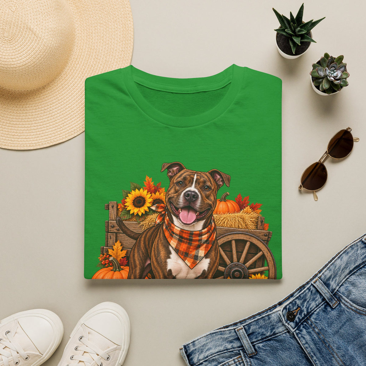 Fall Dog T‑Shirt — Brown Pitbull with Pumpkins & Sunflowers Autumn Tee