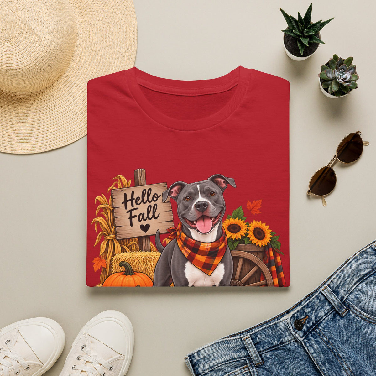 Hello Fall Dog T-Shirt — Autumn Pumpkins & Sunflowers Graphic Tee