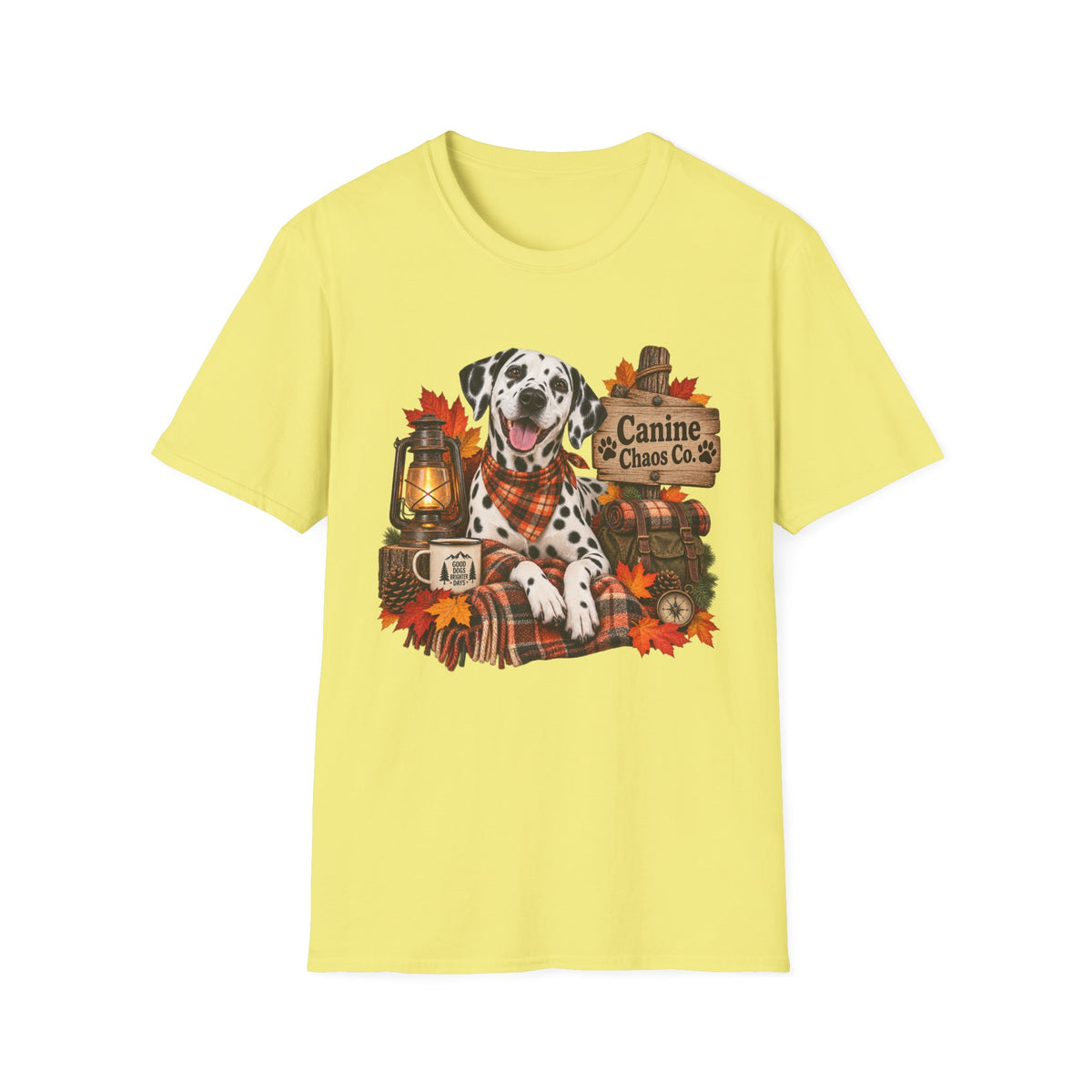 Dalmatian Autumn T-Shirt — "Canine Chaos Co." Fall Dog Tee