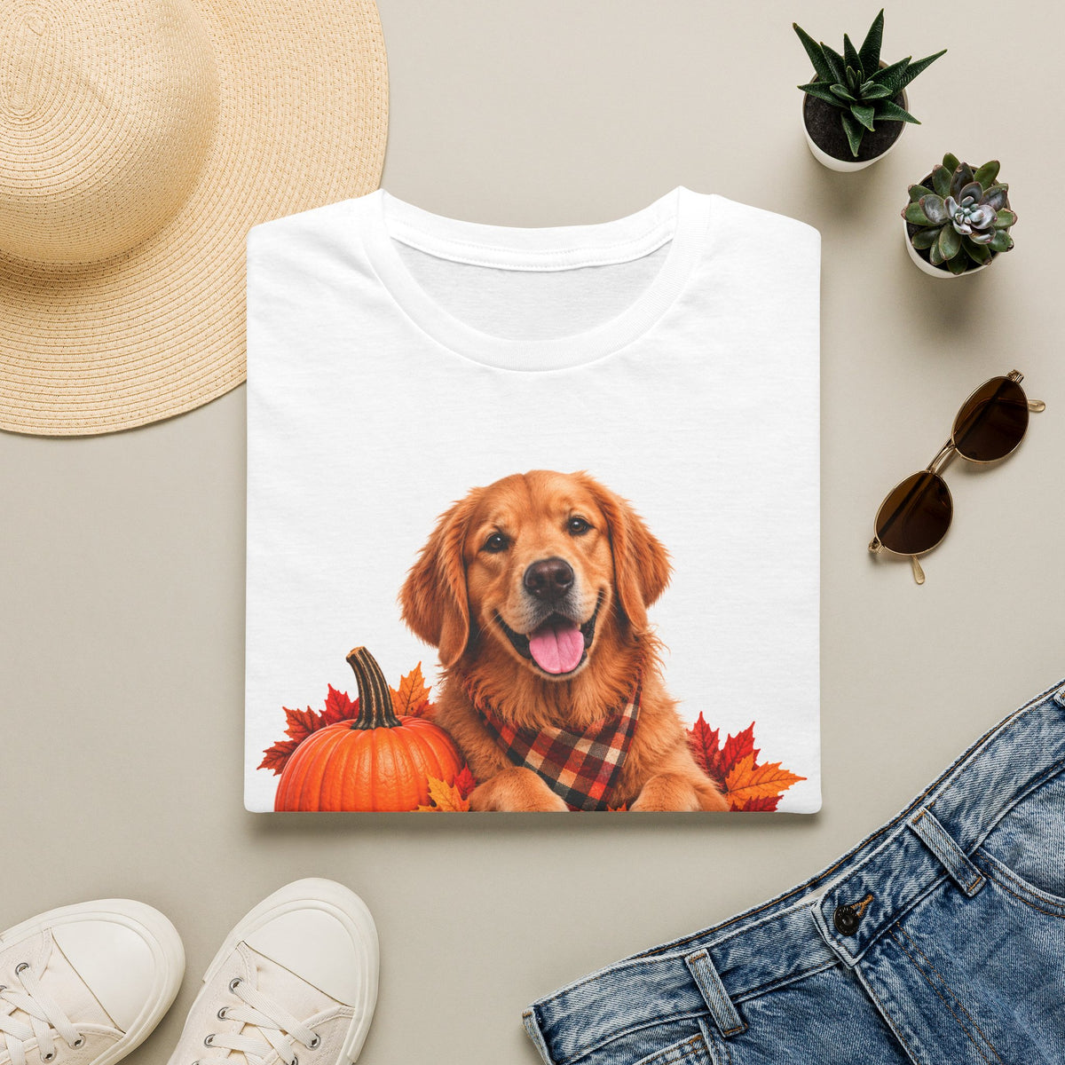 Golden Retriever Fall T‑Shirt – 'Canine Chur Co.' Pumpkin & Leaves Design