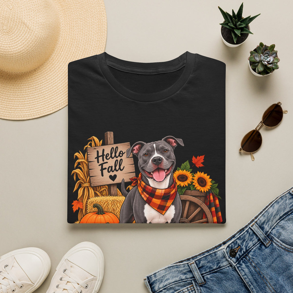 Hello Fall Dog T-Shirt — Autumn Pumpkins & Sunflowers Graphic Tee
