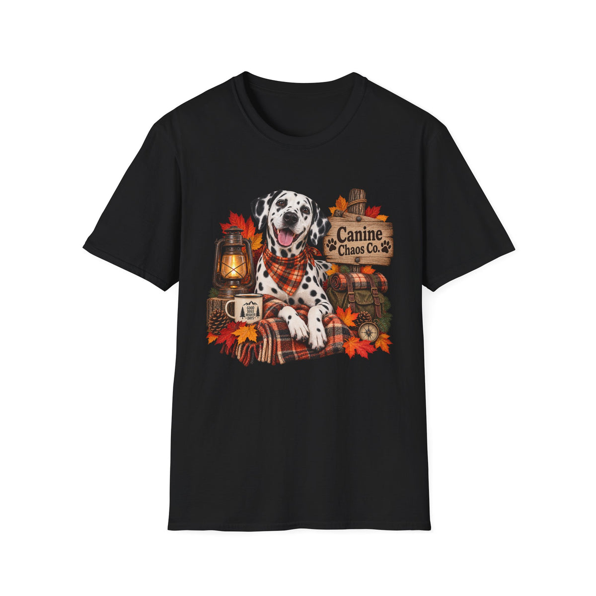 Dalmatian Autumn T-Shirt — "Canine Chaos Co." Fall Dog Tee