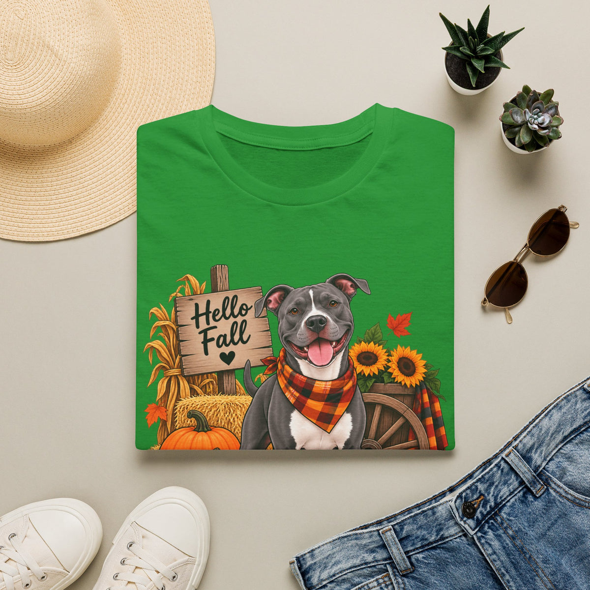 Hello Fall Dog T-Shirt — Autumn Pumpkins & Sunflowers Graphic Tee