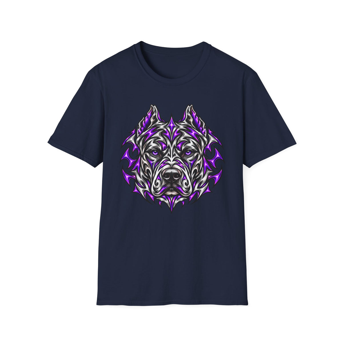 Tribal Pit Bull Head T-Shirt — Purple & Silver Geometric Dog Art