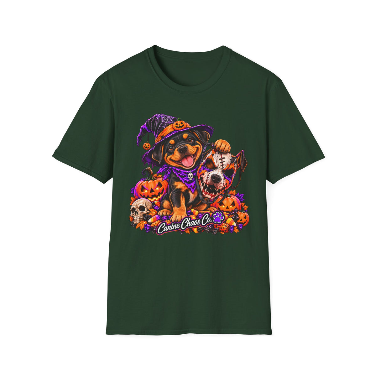 Halloween puppy T-Shirt — Cute Witch Dog with Pumpkins & Skulls