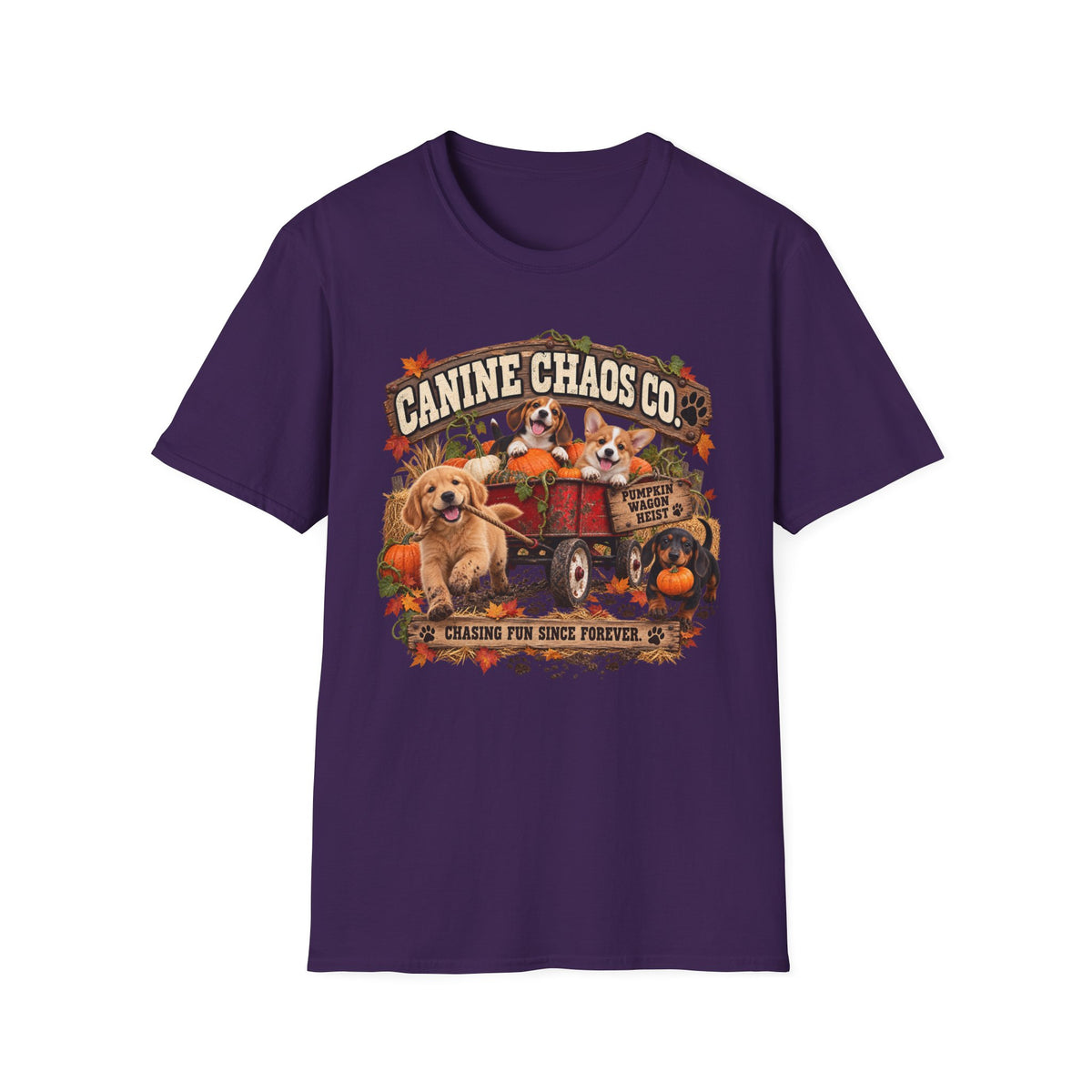 Canine Chaos Co. Fall Dogs T-Shirt — "Chasing Fun Since Forever"