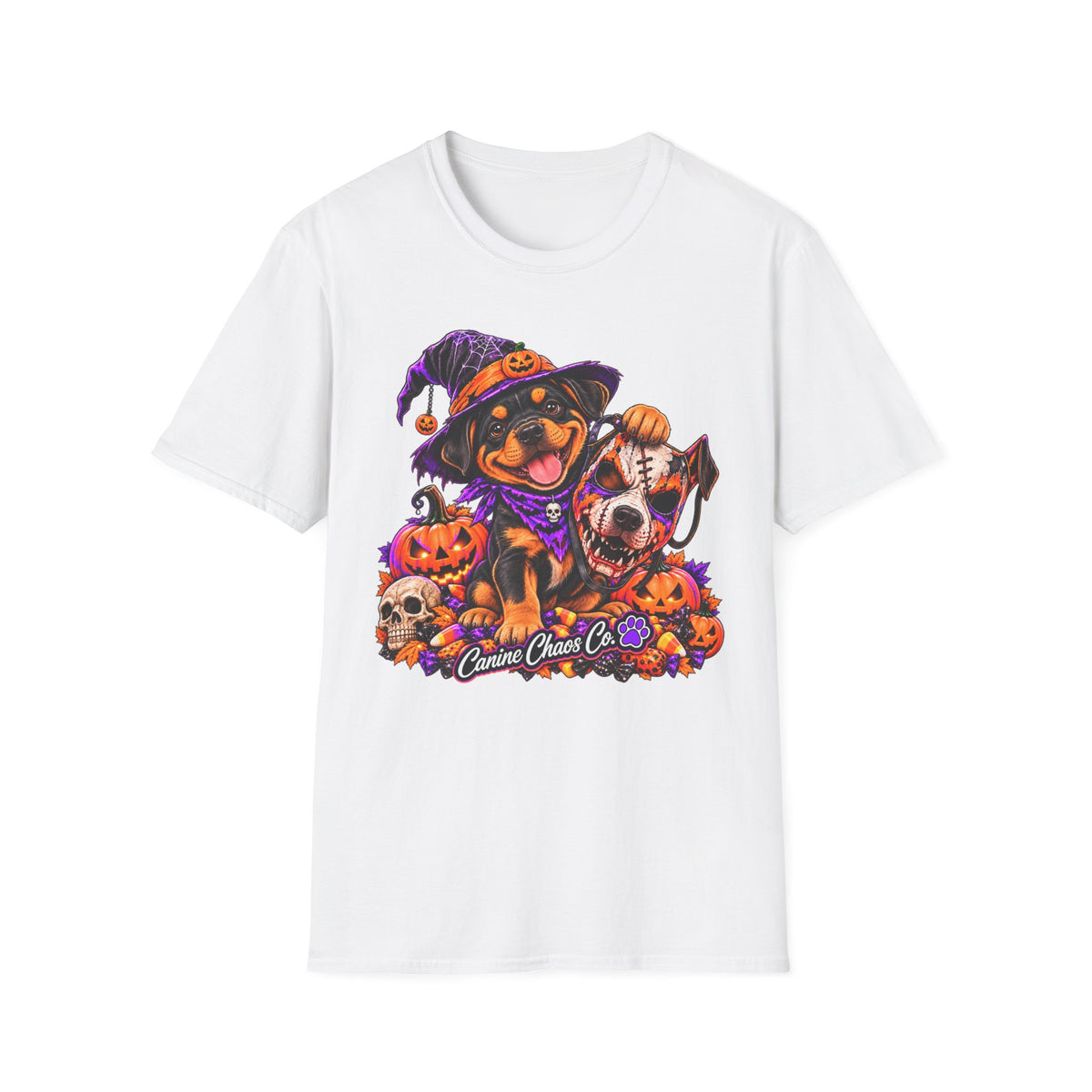 Halloween puppy T-Shirt — Cute Witch Dog with Pumpkins & Skulls