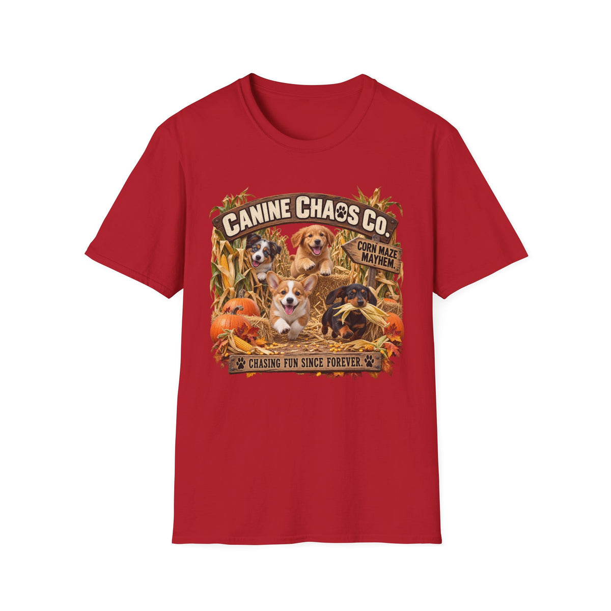 Canine Chaos Co. Fall Dogs T-Shirt — "Chasing Fun Since Forever"