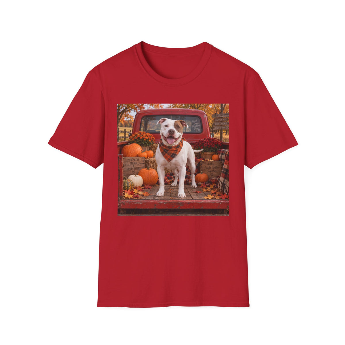 Dog & Pumpkins Fall T-Shirt — Cute Pitbull in Pickup Truck Autumn Tee