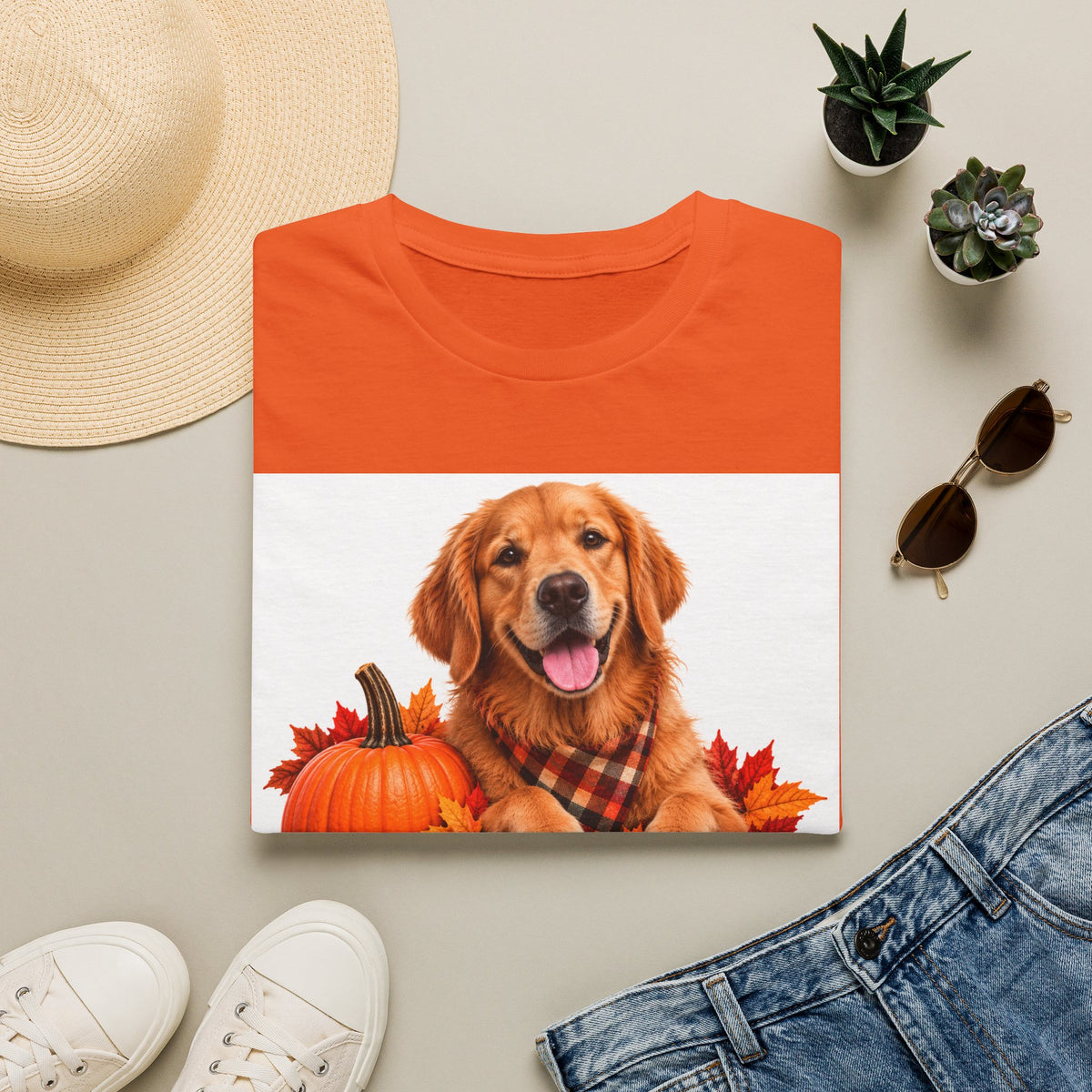 Golden Retriever Fall T‑Shirt – 'Canine Chur Co.' Pumpkin & Leaves Design