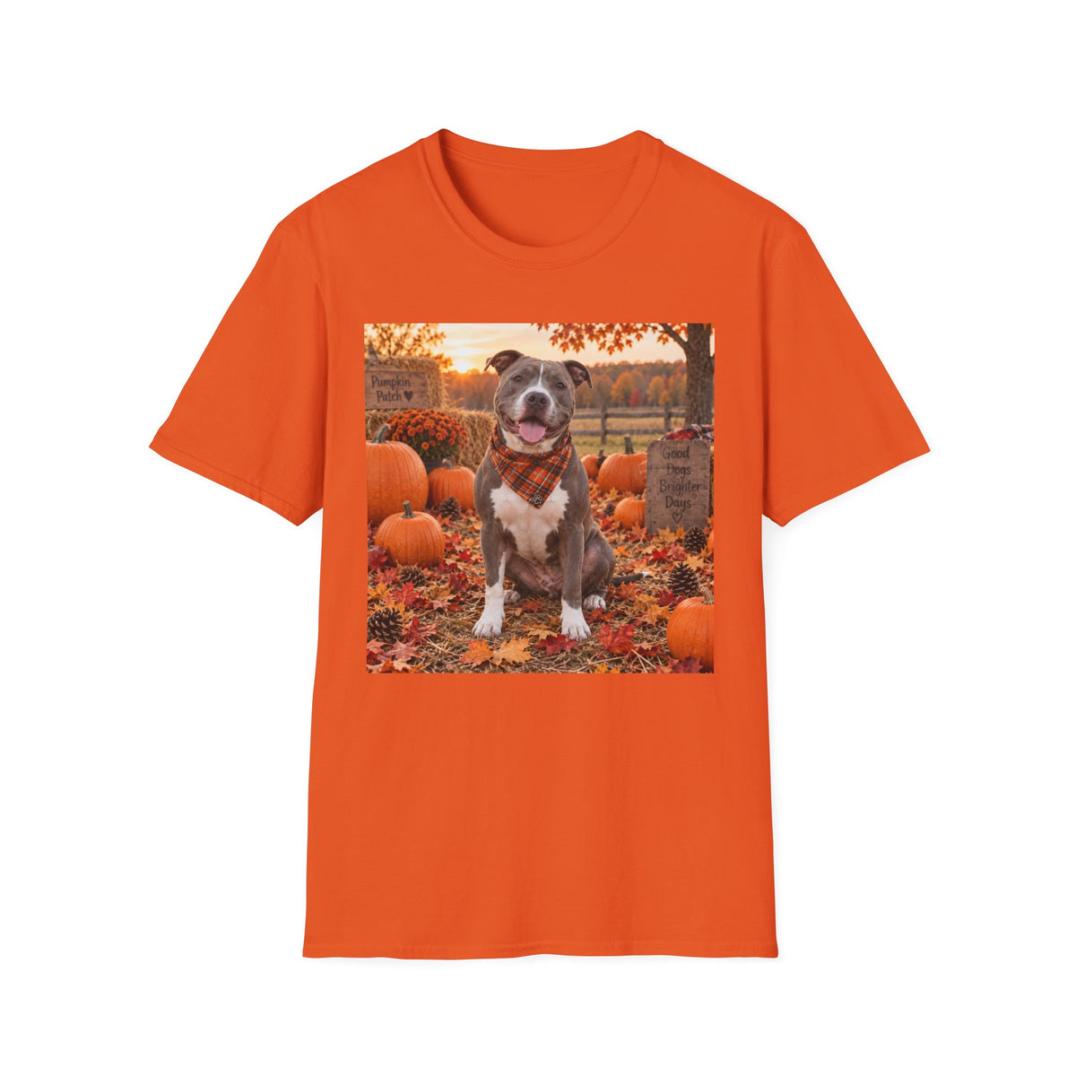 Fall Pumpkin Patch Dog T‑Shirt — Cute Pitbull in Autumn Scene
