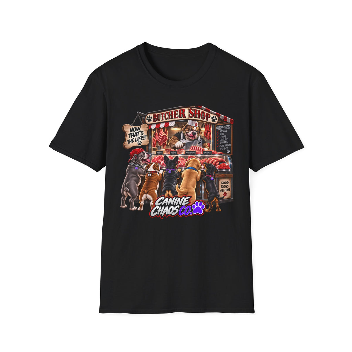 Canine Chaos Butcher Shop T-Shirt — Funny Dog Lover Graphic Tee