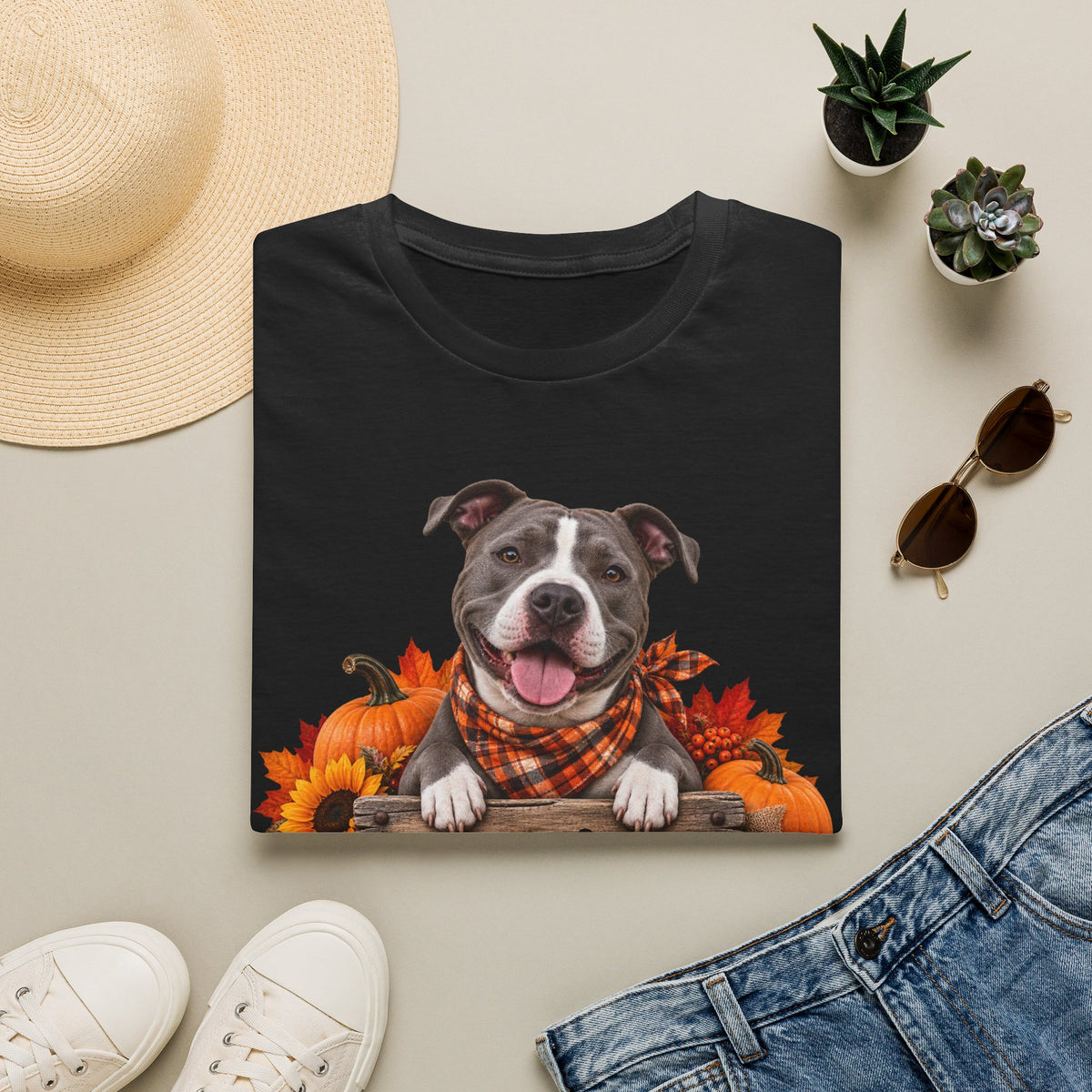 Pit Bull Fall Tee — "Canine Chaos Co." Autumn Dog T-Shirt