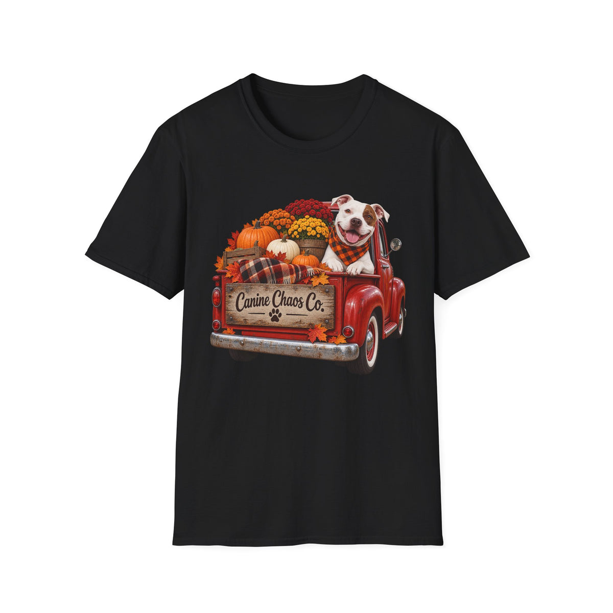 Fall Pickup Truck Dog T-Shirt — "Canine Chaos Co." Autumn Pet Tee