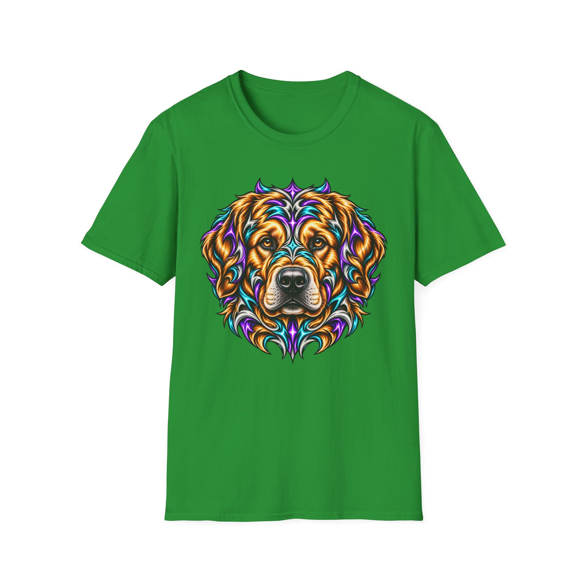 Golden Retriever Head T-Shirt — Colorful Psychedelic Dog Portrait Tee