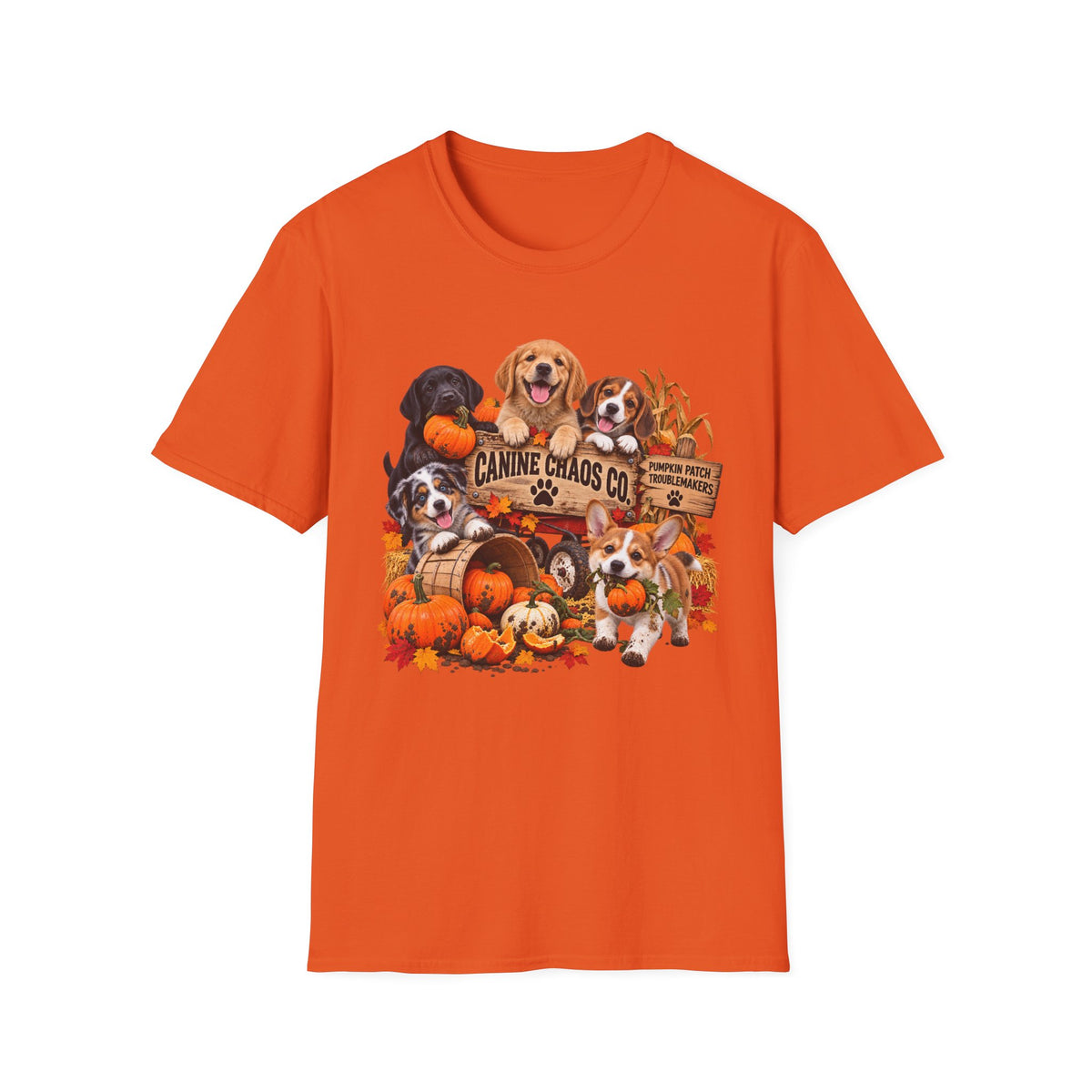 Halloween Dog Crew T-Shirt — "Canine Chaos Co." Autumn Pumpkin Puppy Tee