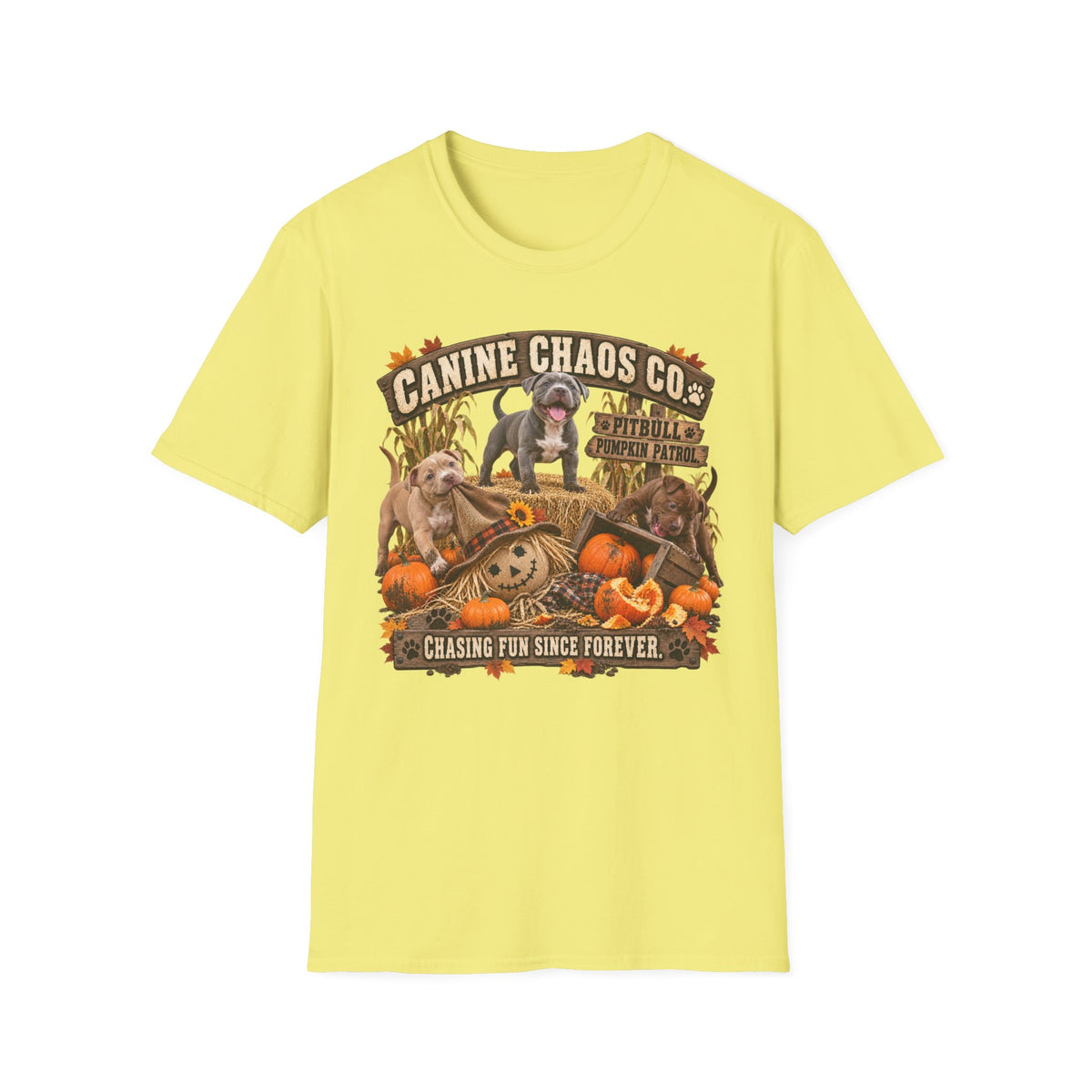 Canine Chaos Co. Fall Dogs T-Shirt — "Chasing Fun Since Forever"