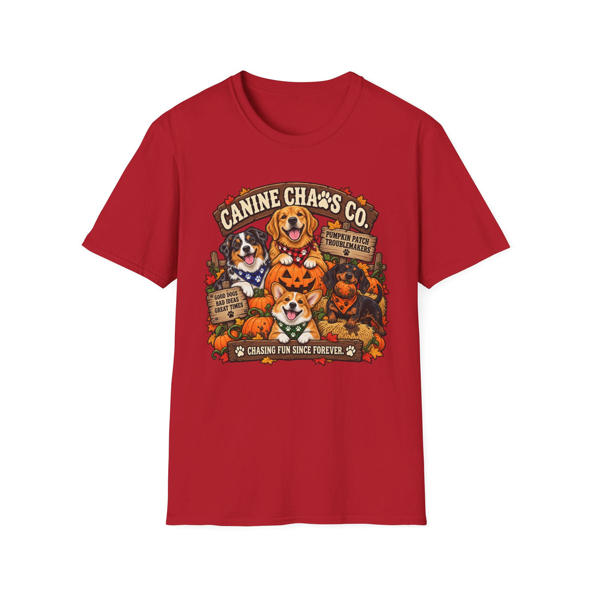 Canine Chaos Co. Halloween Dog T-Shirt — "Chasing Fun Since Forever" Cute Fall Puppy Tee