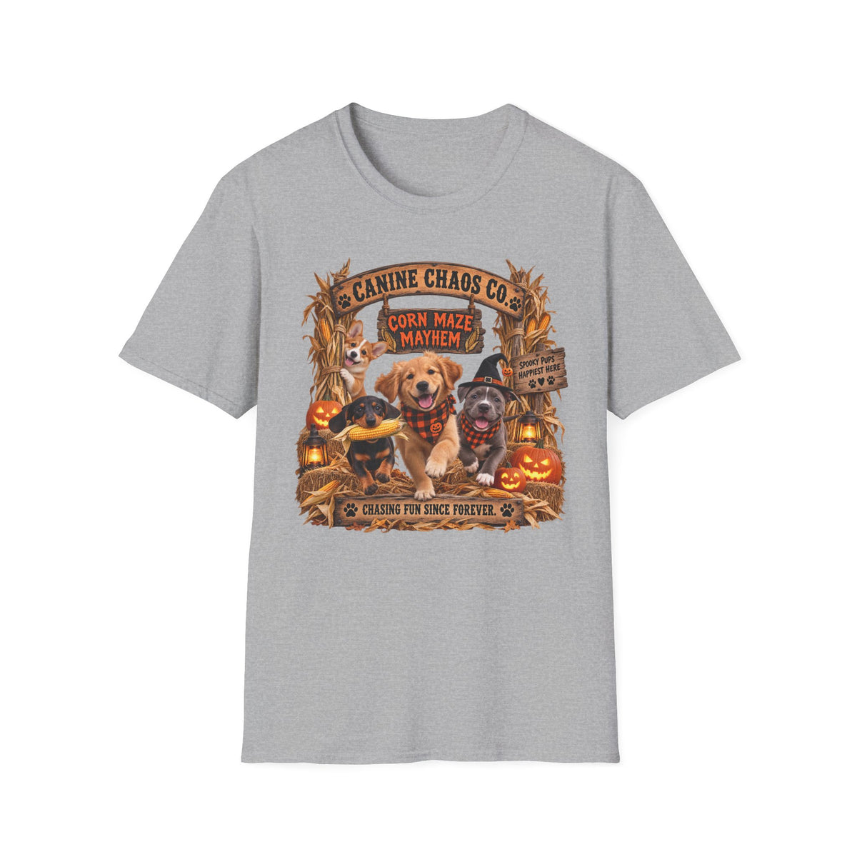 Halloween Dog T-Shirt — Canine Chaos Corn Maze Mayhem Graphic Tee