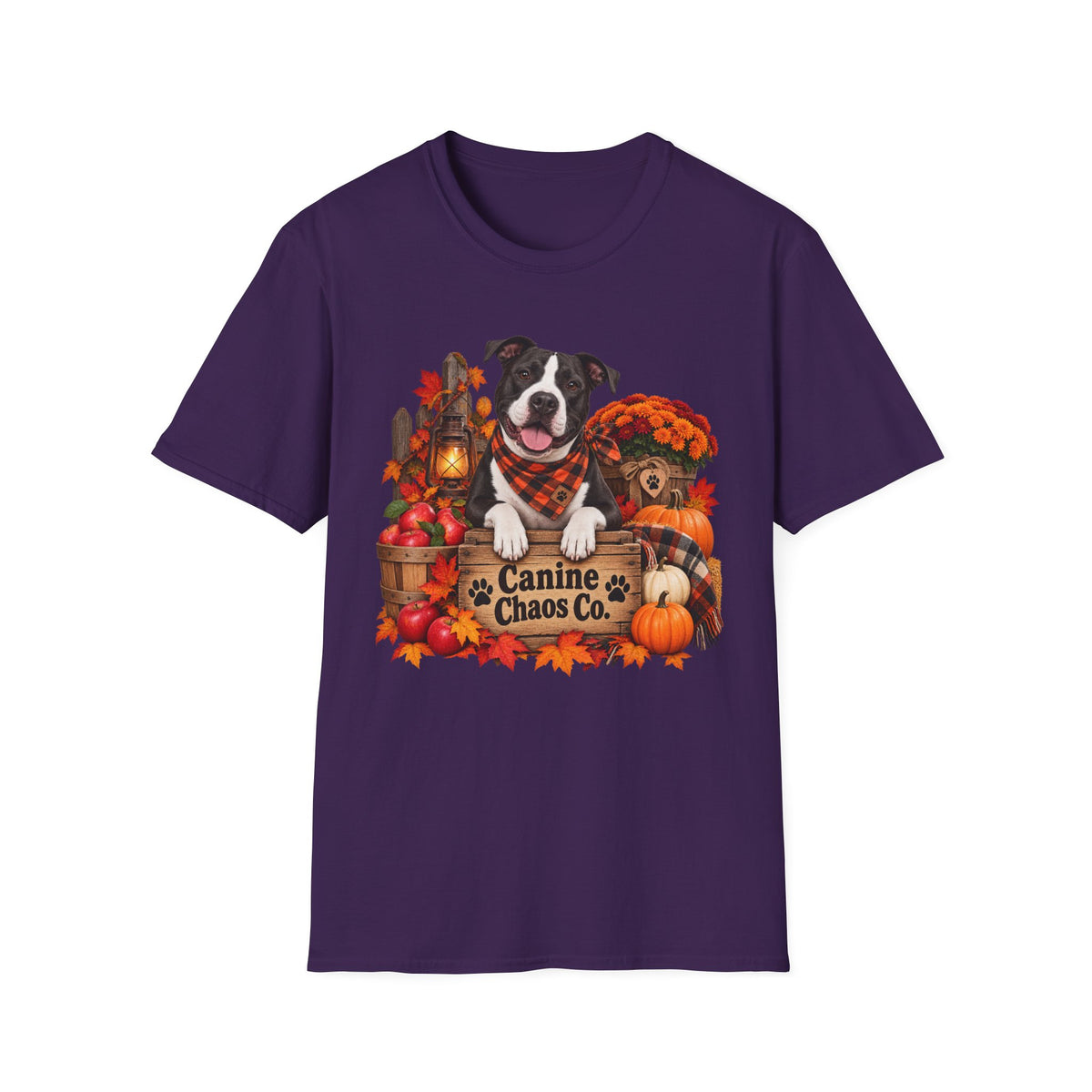 Fall Dog T-Shirt — "Canine Chaos Co." Autumn Pumpkin & Leaves Tee