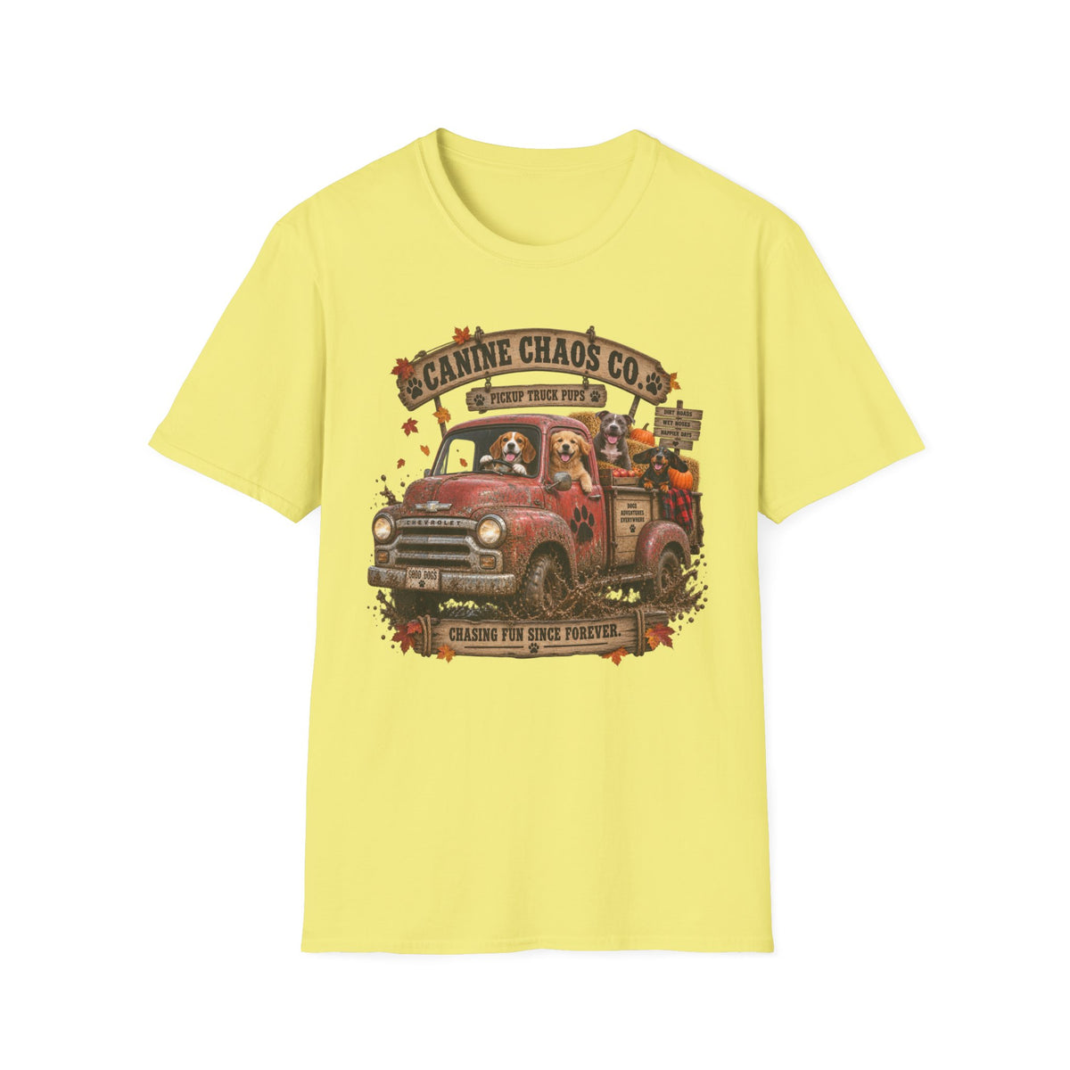 Canine Chaos Co. Vintage Dog Truck T-Shirt — Dogs Riding Pickup Graphic Tee