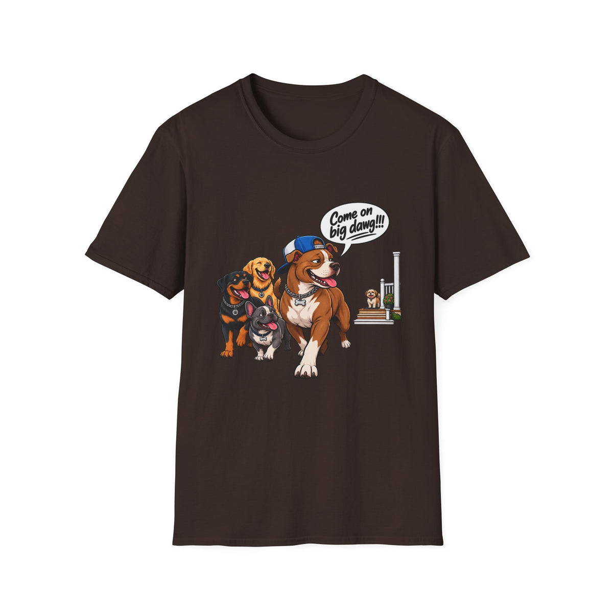 Dog Pack T‑Shirt — “Come on big dawg!” Cartoon Rescue Dogs Tee