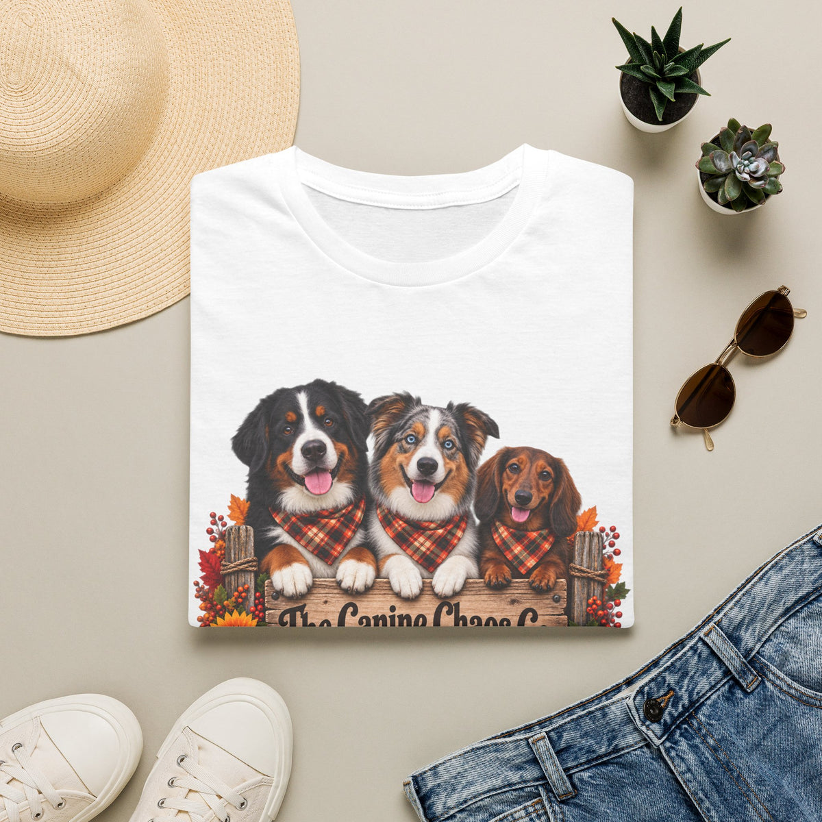 Three Dogs in Plaid Scarf Fall Leaves T-Shirt | Autumn Dog Trio