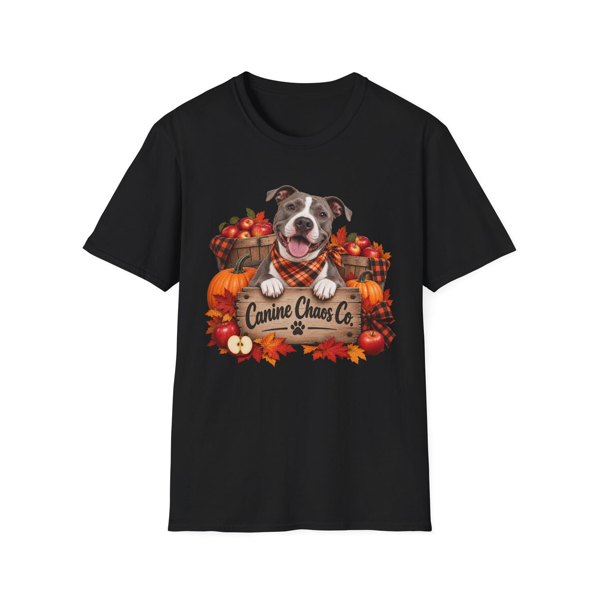 Fall Dog T-Shirt — 'Canine Chaos Co.' Autumn Pumpkin & Leaves Tee