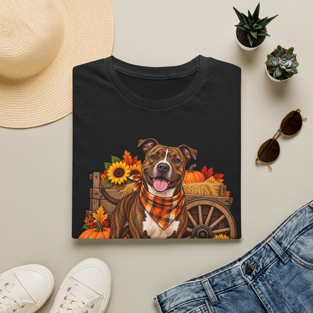Fall Dog T‑Shirt — Brown Pitbull with Pumpkins & Sunflowers Autumn Tee