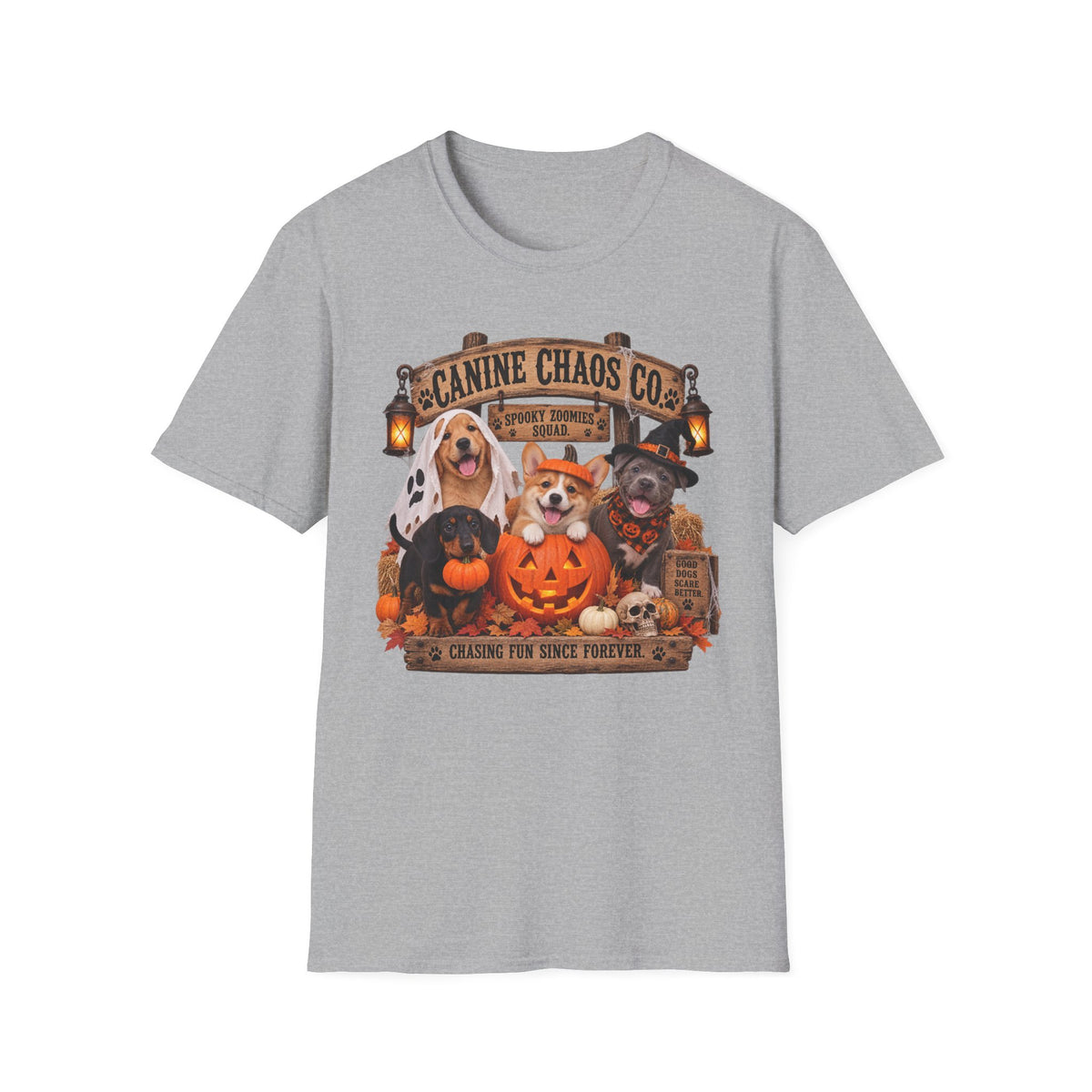 Canine Chaos Co. Halloween Dog T-Shirt — 'Chasing Fun Since Forever'