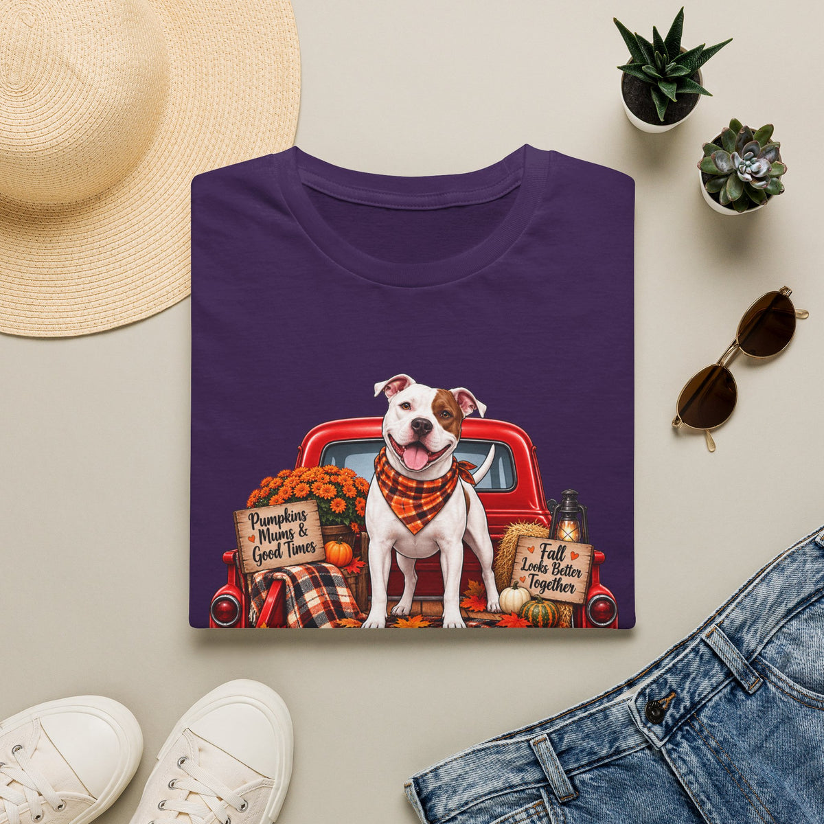 T-Shirt — Fall Dog on Vintage Truck Graphic (Pumpkins, Plaid, "Pumpkins, Family & Good Times")