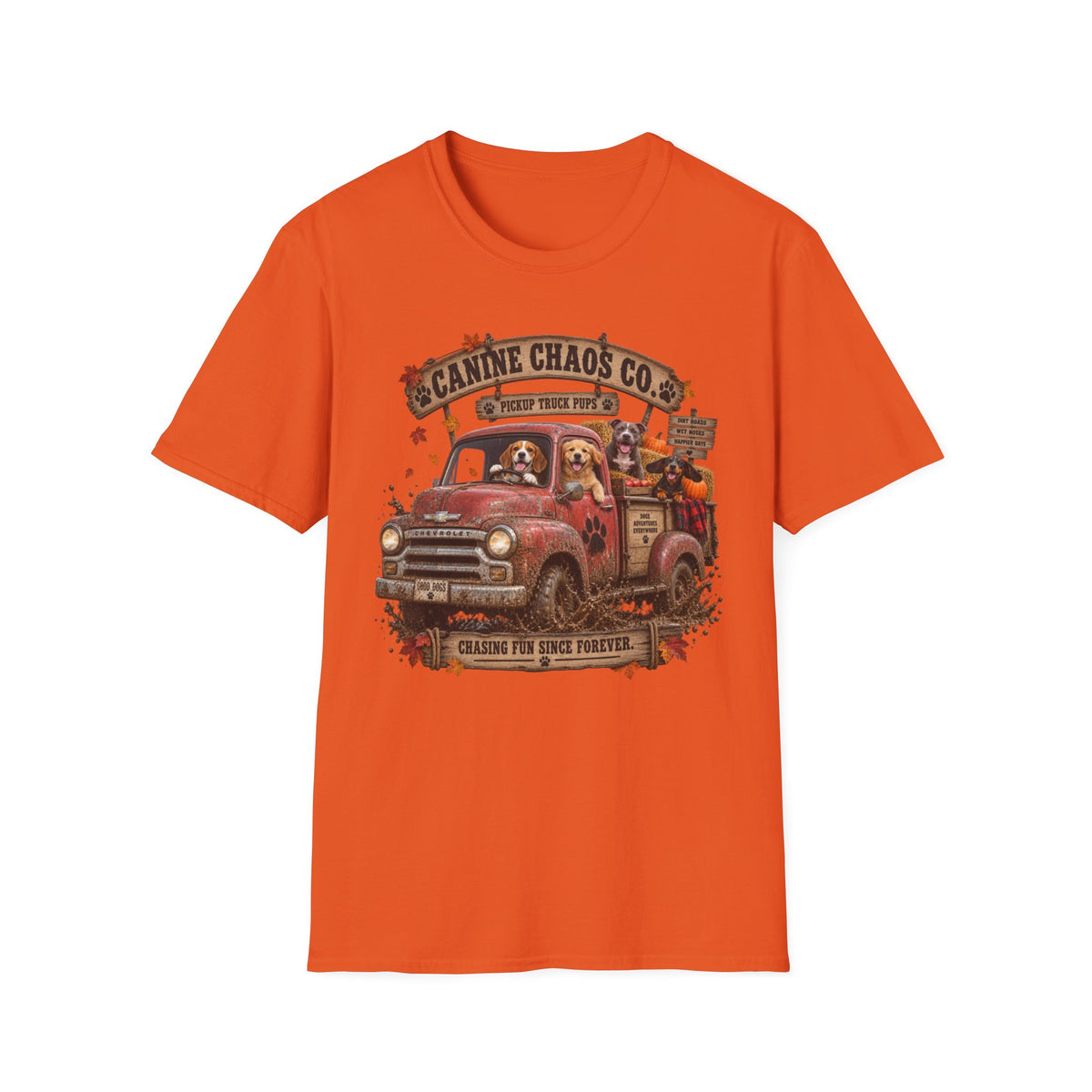 Canine Chaos Co. Vintage Dog Truck T-Shirt — Dogs Riding Pickup Graphic Tee