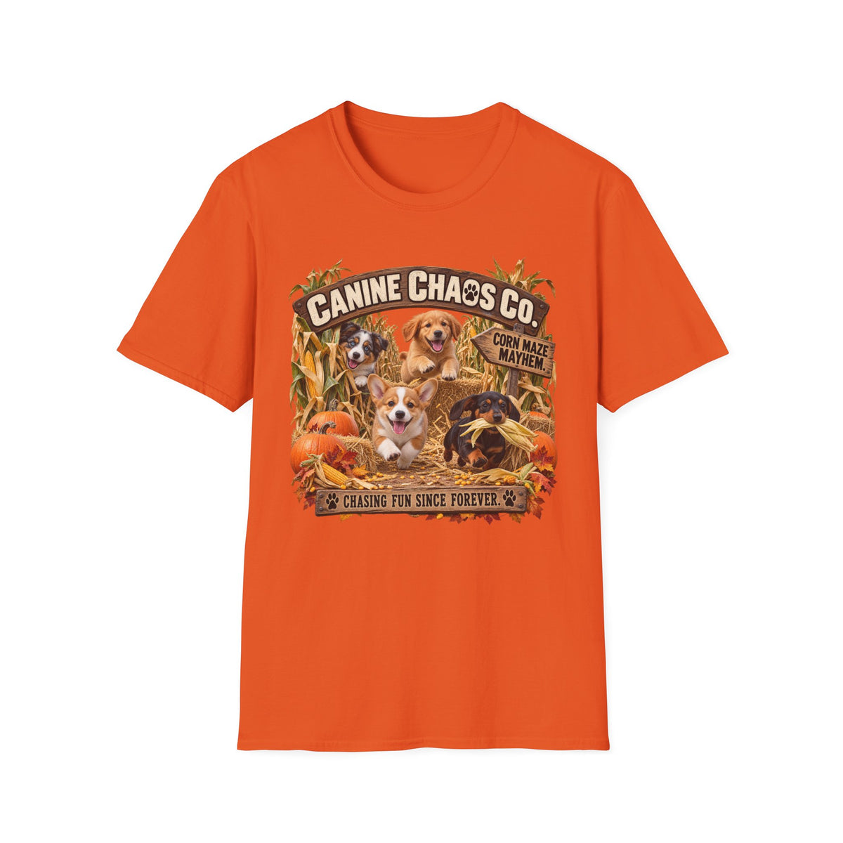 Canine Chaos Co. Fall Dogs T-Shirt — "Chasing Fun Since Forever"