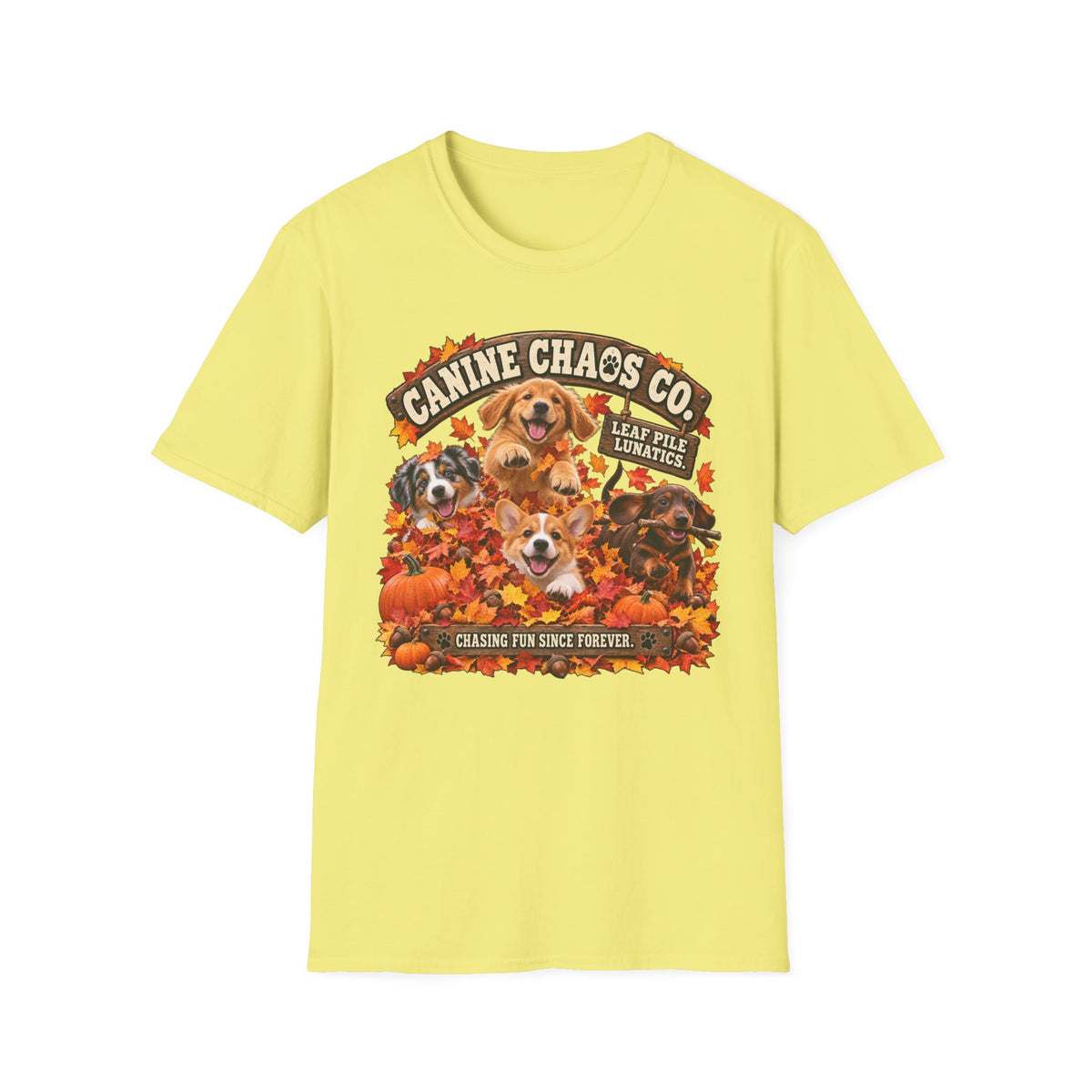 Canine Chaos Co. Fall Dogs T-Shirt — 'Leaf Pile Fanatics' Autumn Puppy Tee