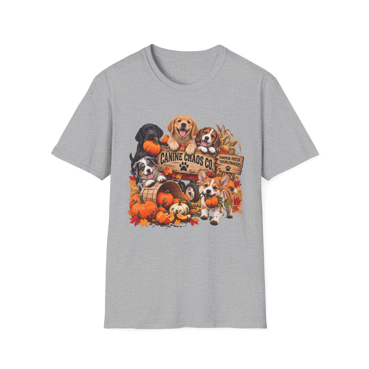 Halloween Dog Crew T-Shirt — "Canine Chaos Co." Autumn Pumpkin Puppy Tee