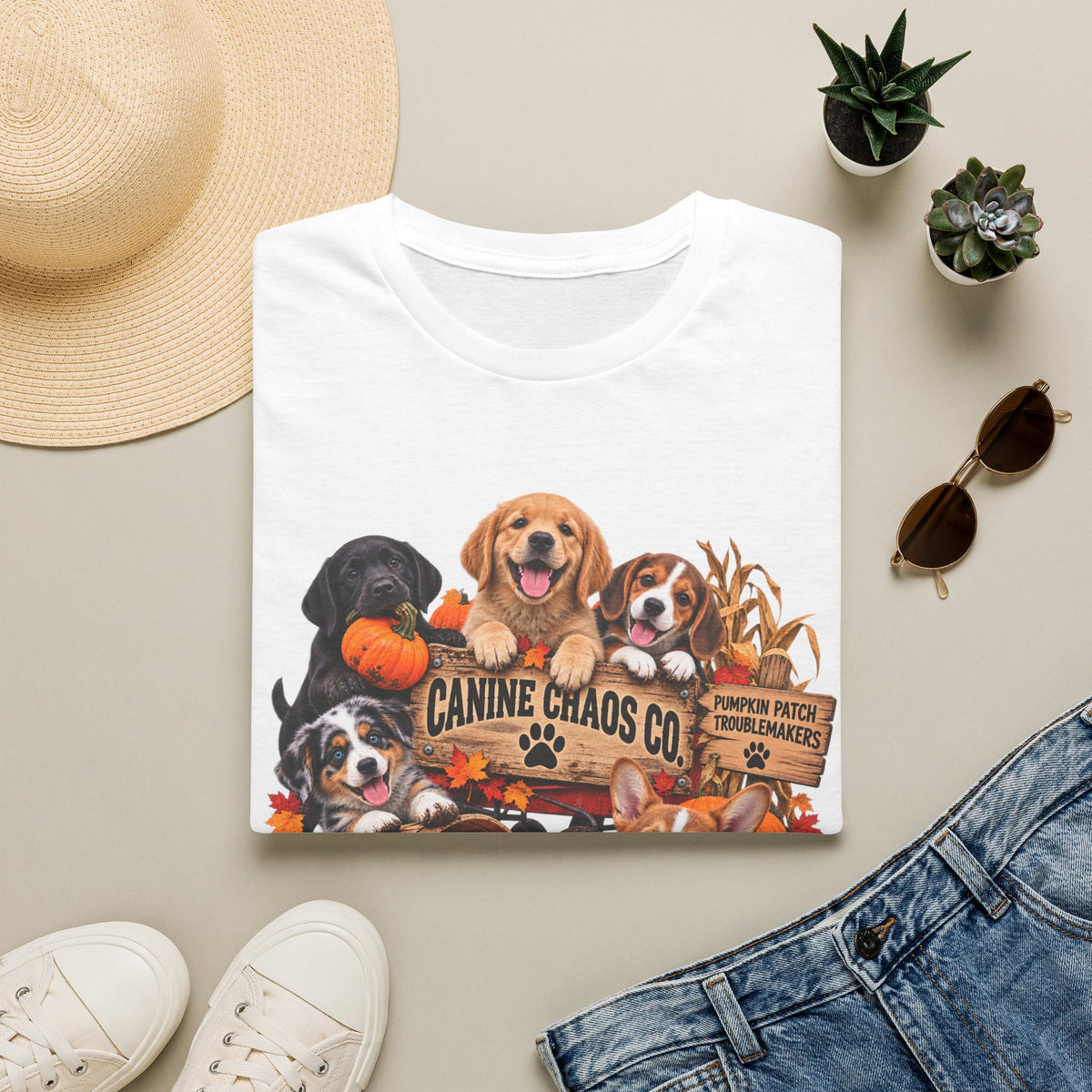 Halloween Dog Crew T-Shirt — "Canine Chaos Co." Autumn Pumpkin Puppy Tee